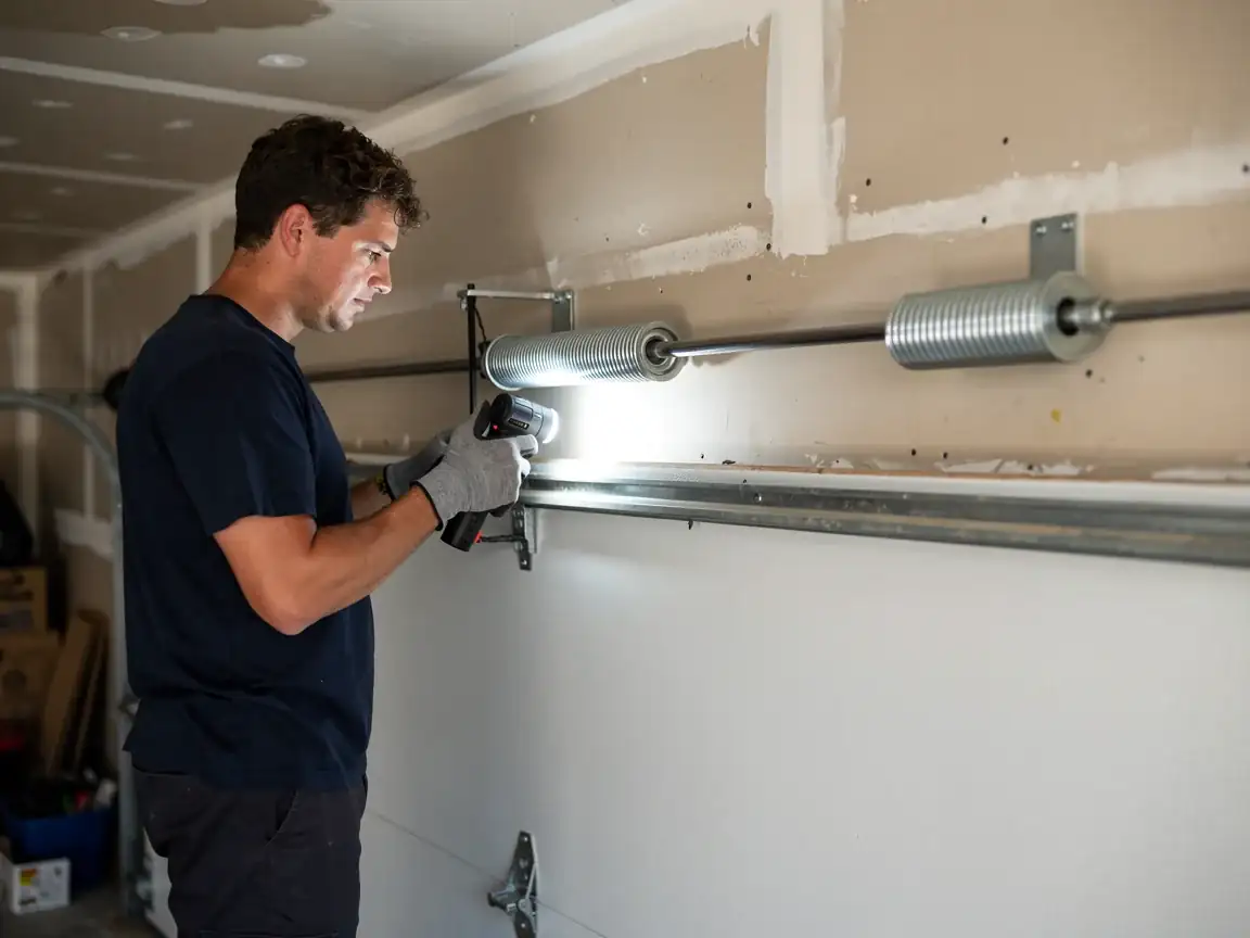 A technician shines a flashlight on a garage door torsion spring.