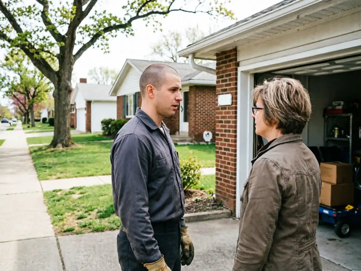 A technician in a gray shirt talks to a woman in a brown jacket outside a garage.