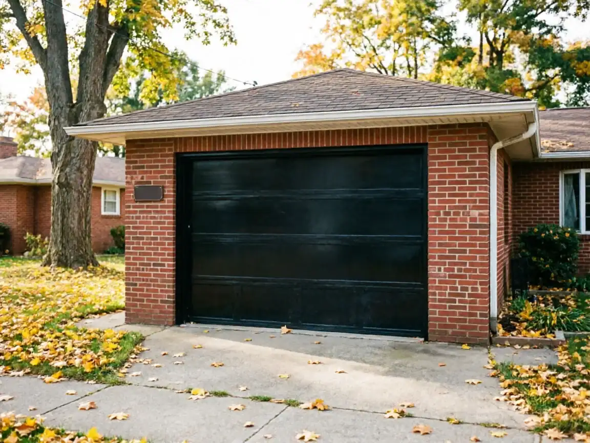 A black garage door is on a brick garage with autumn leaves on the ground.