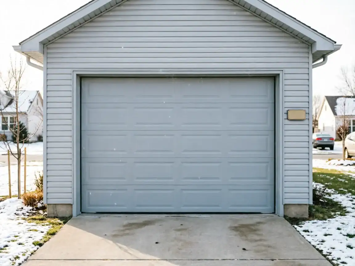 A closed gray garage door on a light gray house with snow on the ground.