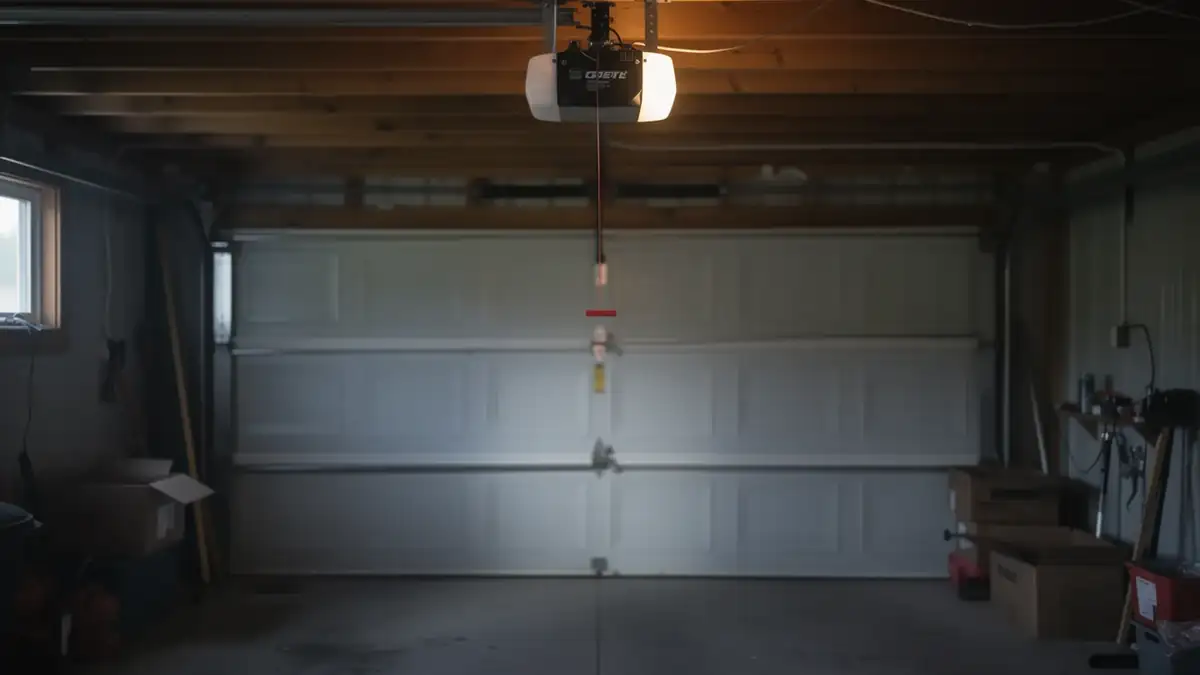 A garage door opener with an illuminated light bulb hangs above a closed white garage door.