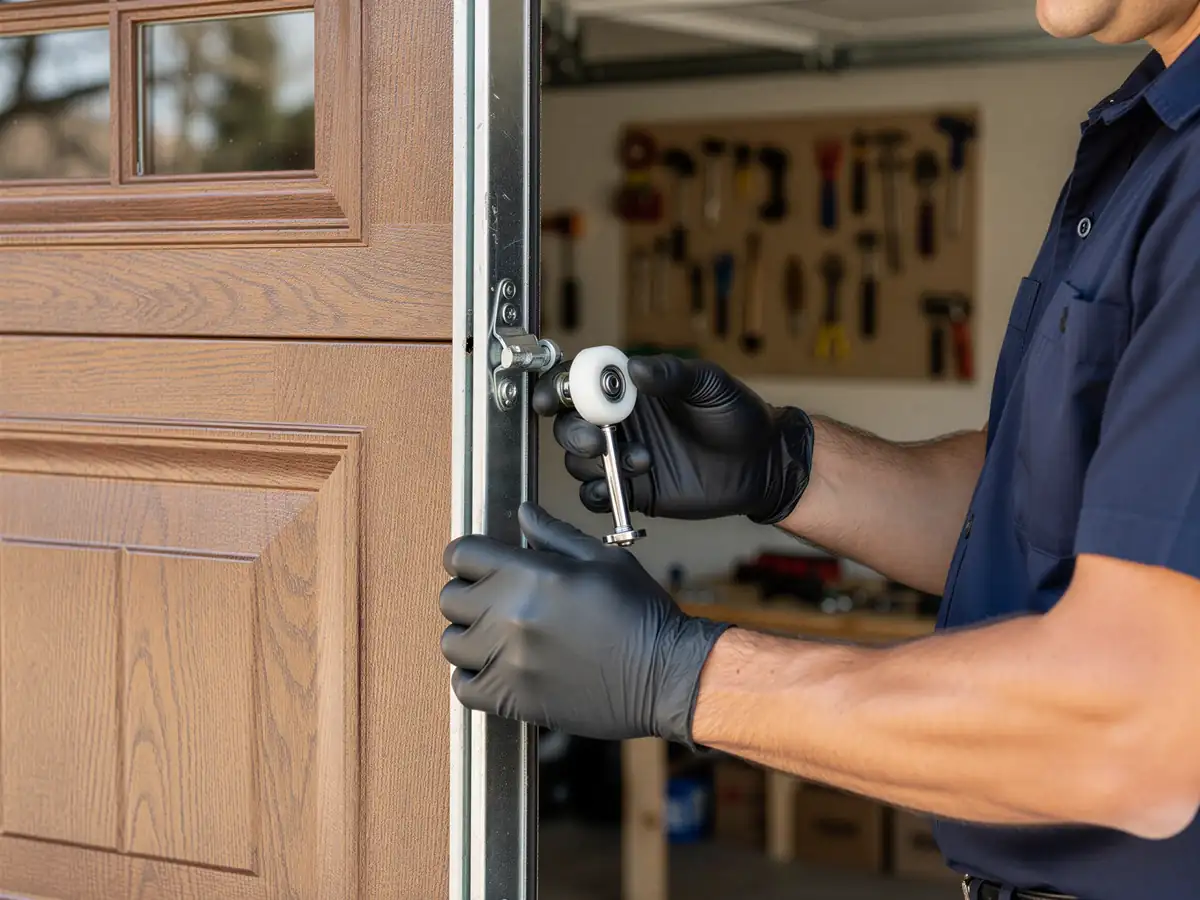 A technician in black gloves installs a new roller on a brown garage door.